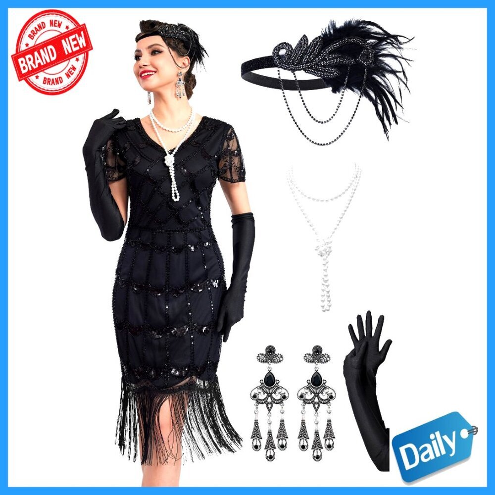 1920s Fringed Sequin Flapper Dress Set with Accessories